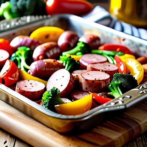 Sheet Pan Sausage and Veggies on tray.