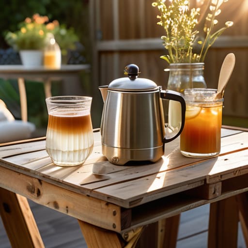 A rustic outdoor coffee station made of wood.